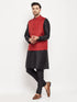 Vastramay Men's Maroon Matka Silk Nehru Jacket With Black Silk Blend Kurta and Pant style Pyjama Set